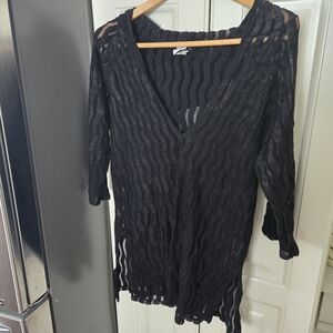 Dream Beach Hooded Pullover Cover Up 3/4 Sleeve V-Neck Sheer